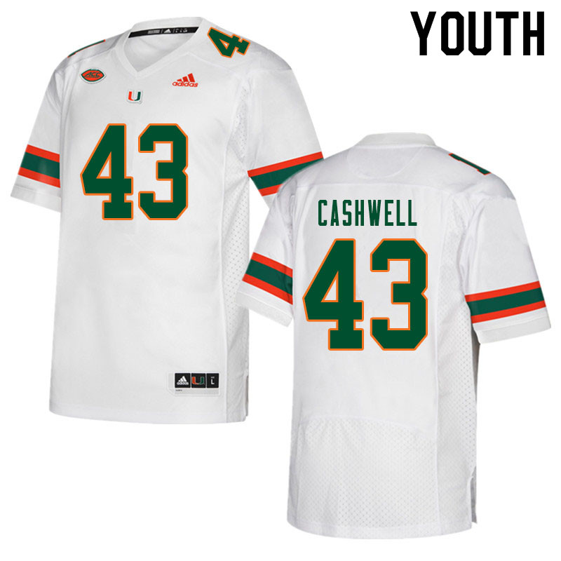 Youth #43 Isaiah Cashwell Miami Hurricanes College Football Jerseys Sale-White - Click Image to Close